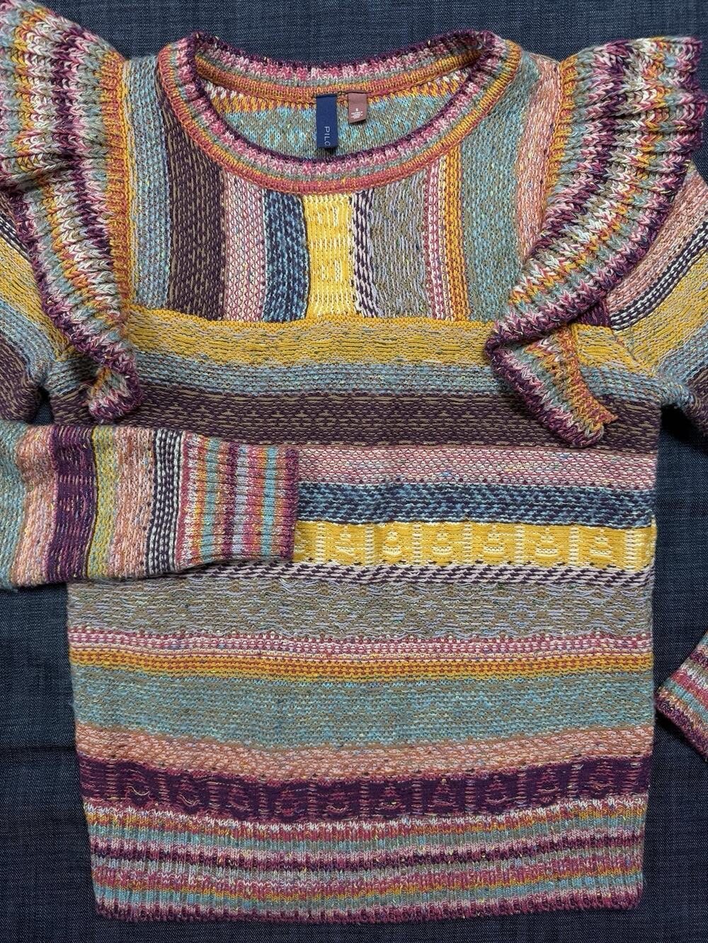 Anthropologie Pilcro Striped Ruffle Shoulder Sweater Size Small Multi Knit Boho